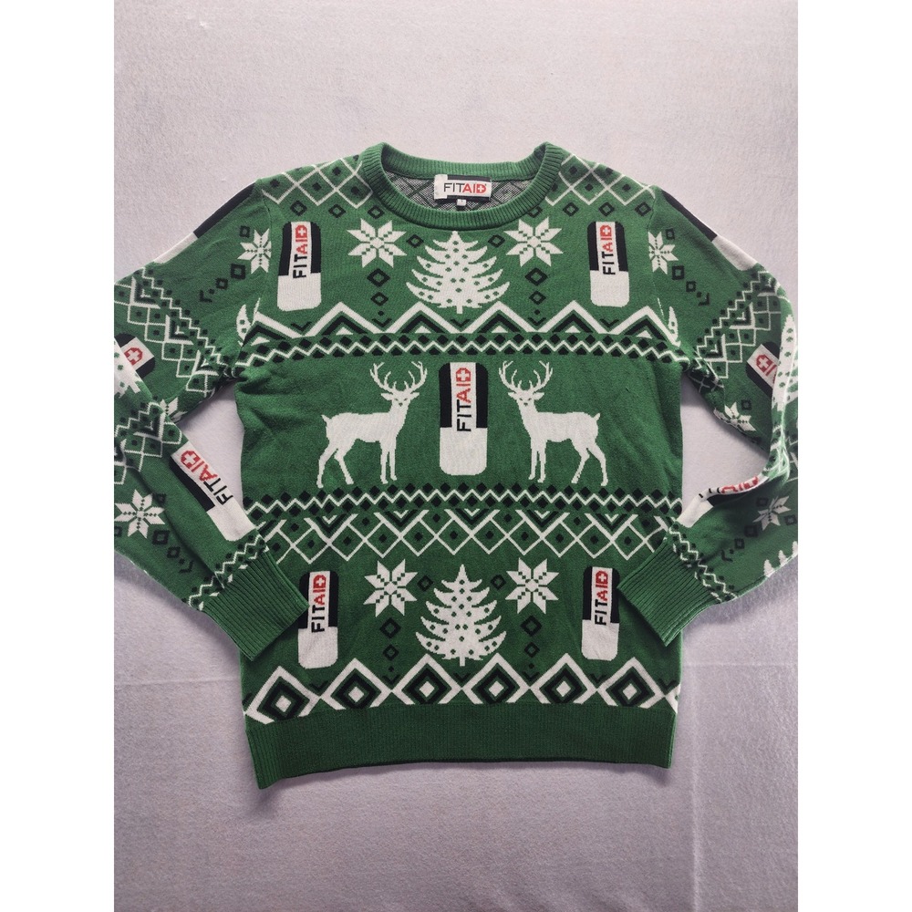 FITAID Mens Ugly‎ Christmas Sweater Green Reindeer Trees Festive Knit Size S